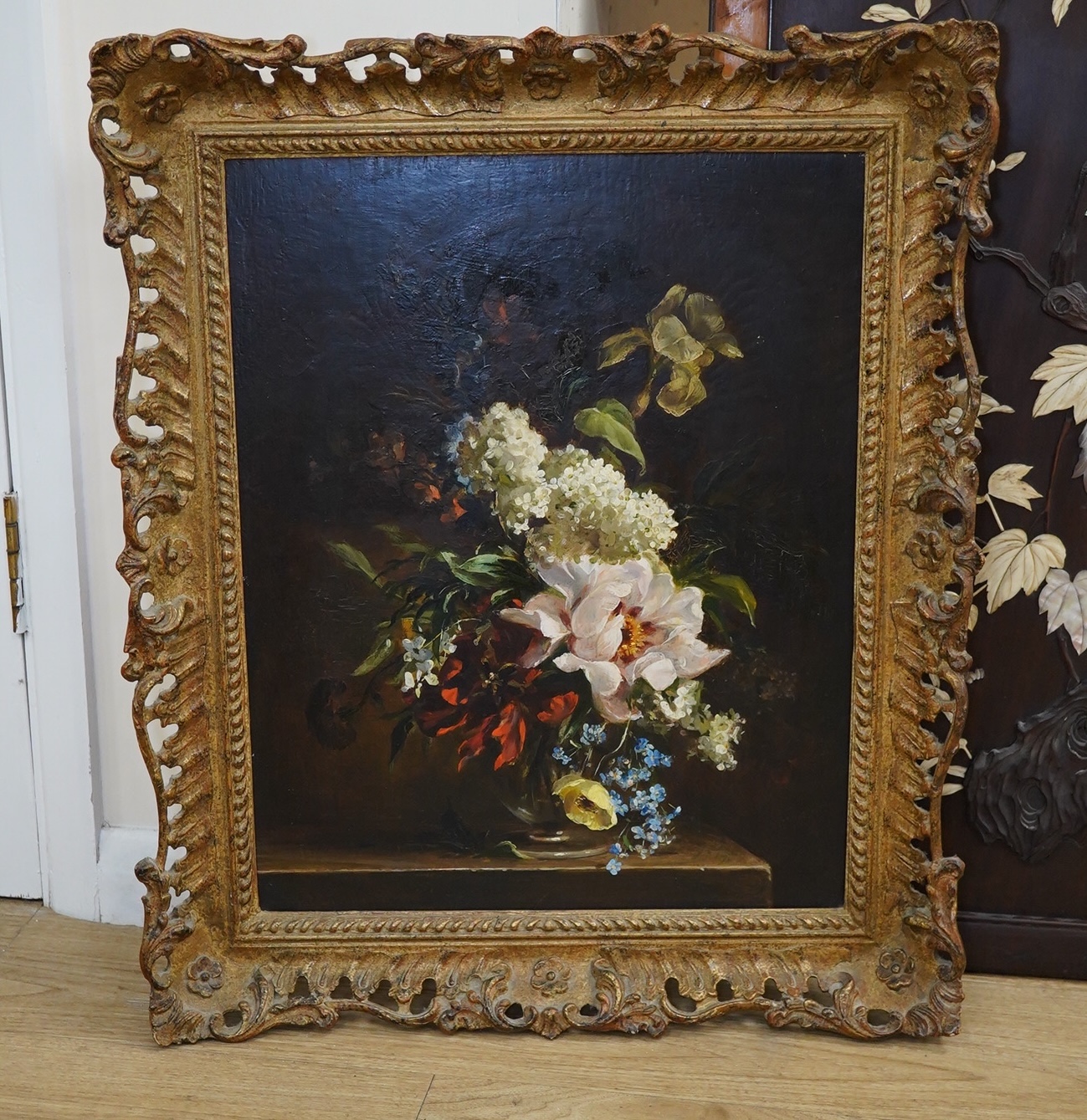 R. Hanson, oil on board, Still life, ‘Flower piece’, unsigned, label verso, 49 x 39cm, ornately framed. Condition - good